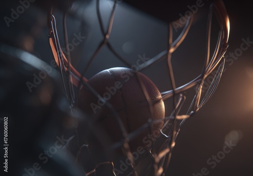 Basketball Swish Through Hoop in Dark Arena.