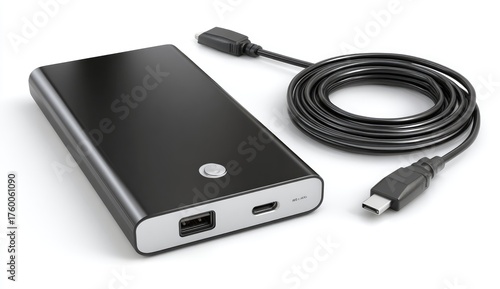 Black portable power bank with USB cable on white background.