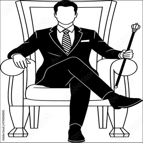 Elegant man in a suit sitting on a throne isolated on white background