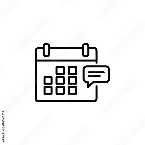 Line art symbol of a calendar with a message bubble for scheduling appointments, event reminders, and managing deadlines