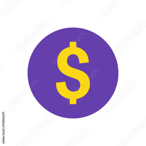 Vibrant yellow dollar sign enclosed in a purple circle, a modern financial icon. Simple flat vector graphic symbolizing currency, economy, and business transactions