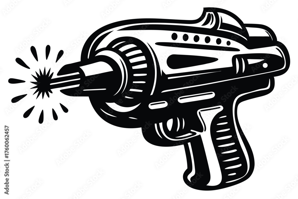 Naklejka premium Retro ray gun in black and white emits sparkling light energy beams outward powerfully