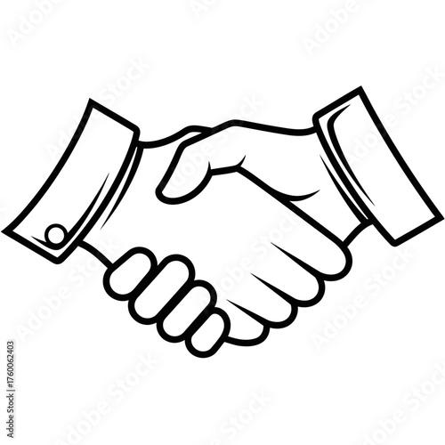 A black and white illustration of two hands clasped in a handshake, symbolizing agreement.