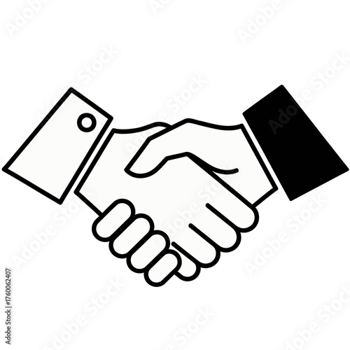 Two hands clasped in a handshake, symbolizing agreement, partnership, or a deal in a simple graphic illustration.