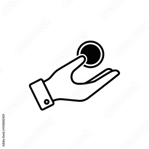 Outlined hand holding a coin symbol, a versatile icon representing concepts of business finance, charitable giving, and personal savings