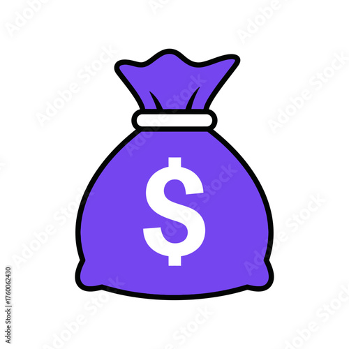 Vibrant purple money bag icon with a dollar sign, a symbol of wealth, savings, and financial investment