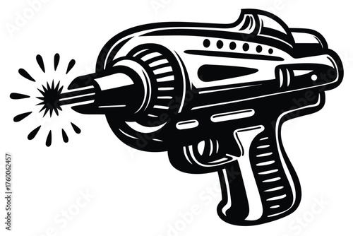 Retro ray gun in black and white emits sparkling light energy beams outward powerfully