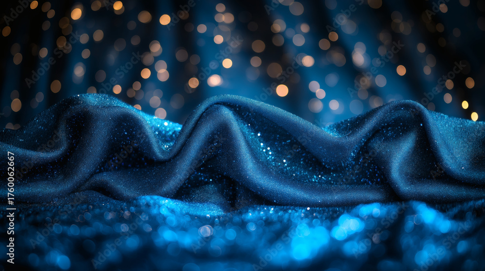 Obraz premium Dark blue glitter fabric with festive bokeh lights in elegant night setting. Copy space