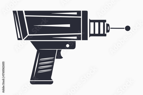 Scifi weapon shows dark monochrome blaster with retro futuristic details and isolated simple technology