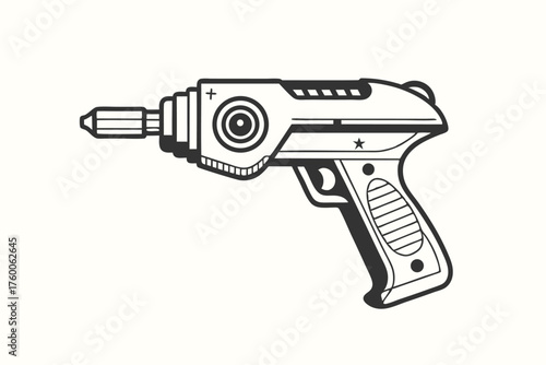 Space blaster design showcasing retro futuristic elements against a light background is clearly seen