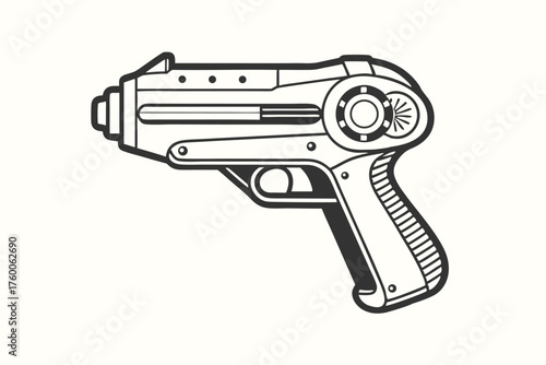 Line drawing shows a futuristic laser weapon with intricate mechanical detailing on light yellow