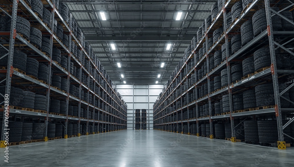 Obraz premium Warehouse storage of new tires ready for distribution and sale