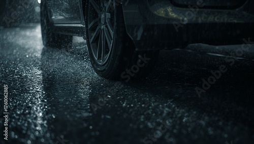 Wallpaper Mural Car tire rolling on wet asphalt in heavy rain at night Torontodigital.ca
