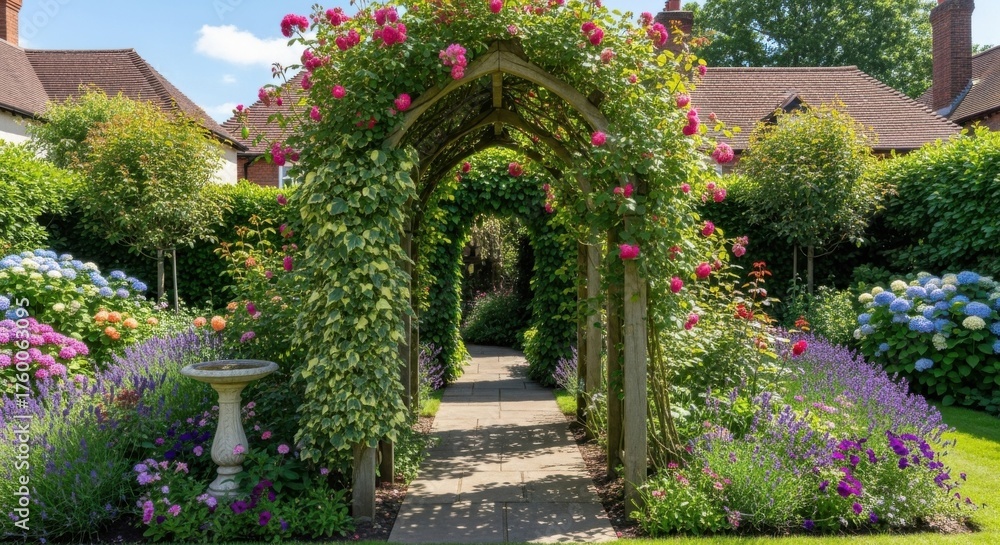 Naklejka premium Enchanting floral garden pathway with archway and blooming flowers in summer