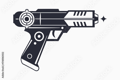 Stylized raygun emits a single star, conveying futuristic technological concept in silhouette