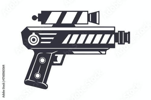 Stylized blaster pistol possesses futuristic features alongside a prominent scope, suggesting advanced technology