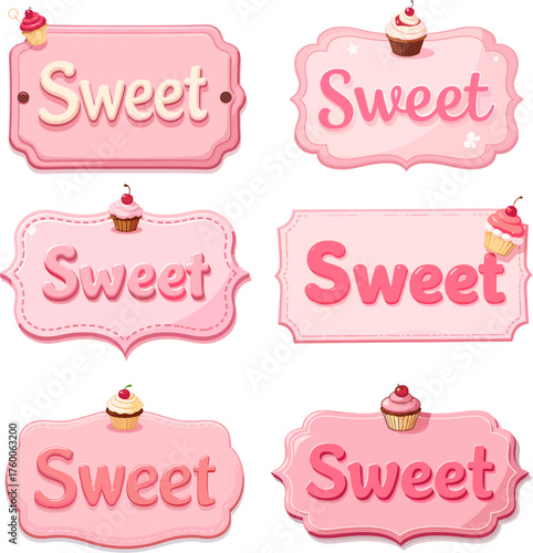 Set of pink vintage sweet label stickers with cupcakes and decorative tags with retro typography  on white background
