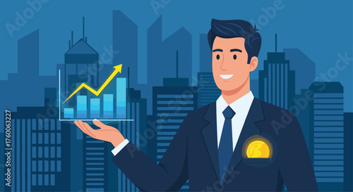 Confident businessman showing positive financial growth chart, success with investments in the city, economic forecast looks bright for entrepreneurs