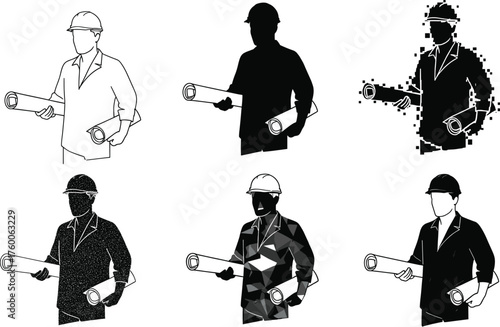 Flat vector engineers and architects holding rolled blueprints, construction planning, project management, industrial design, safety helmet, technical drawing, architectural illustration styles