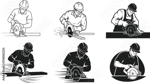 Flat vector workers cutting wood with circular saw, construction safety, industrial labor, manual work, protective gear, woodworking process, technical drawing illustration