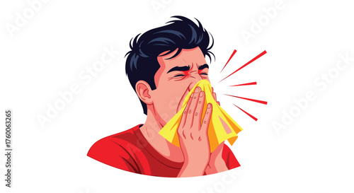 Man feeling sick wiping nose with tissue shows seasonal allergies or cold symptoms perfect for health campaigns and wellness promotions
