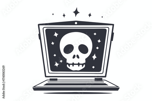 Scary skull appears ominously on the screen of a simple, gray laptop computer