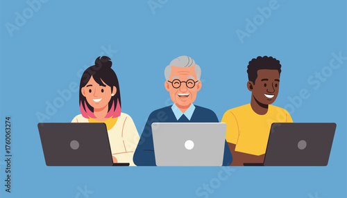 Diverse team working together, a happy intergenerational group collaborates on laptops, showing inclusion, diversity, and teamwork in a modern setting