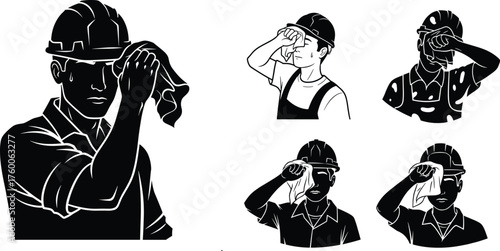 Flat vector construction workers wiping sweat, hard hat safety, industrial labor, heat stress, manual work, fatigue illustration, building site, technical drawing
