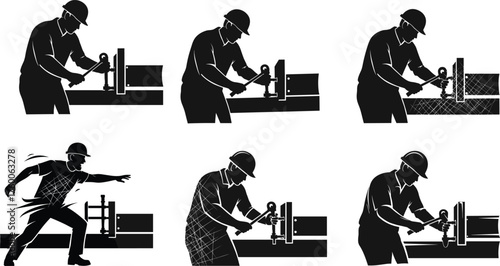 Flat vector construction worker using clamp tool on steel beam, industrial labor, safety helmet, manual work, technical drawing, structural engineering illustration
