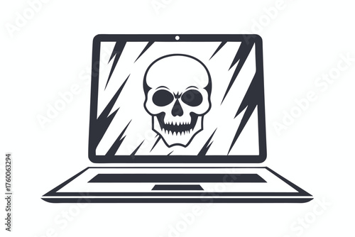 Outline laptop displays skull and lightning bolts, indicating potential digital danger or system breach