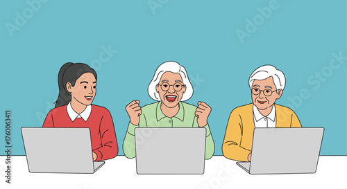 Excited senior woman winning online with team support, celebrating achievement with modern tech in a collaborative workspace with vibrant energy