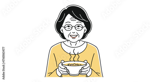 Smiling elderly woman enjoys a comforting bowl of hot soup on a chilly day, feeling warm and content, promoting healthy eating and nurturing care