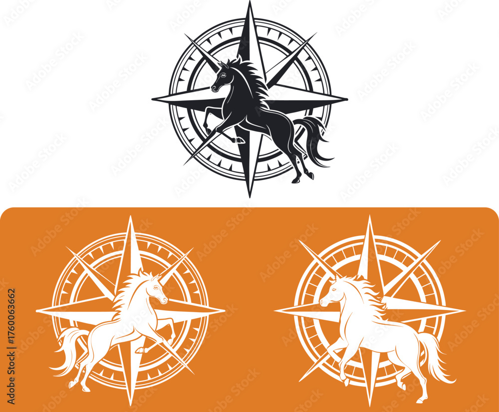 Fototapeta premium Silhouette of a powerful horse within a vintage compass rose design with directional points