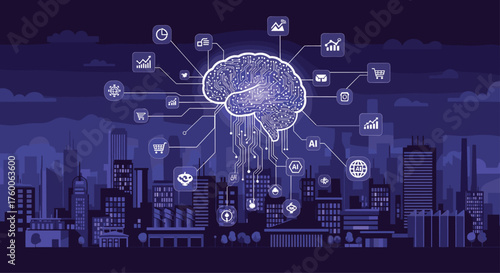 Futuristic cityscape powered by AI and machine learning, driving innovation and connectivity across industries, perfect for tech startups and modern businesses