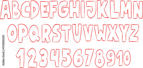 Hand drawn alphabet letters and numbers in a playful outlined font with a subtle gradient effect.