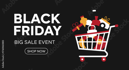 Black Friday sale graphic banner with shopping cart and promotional text