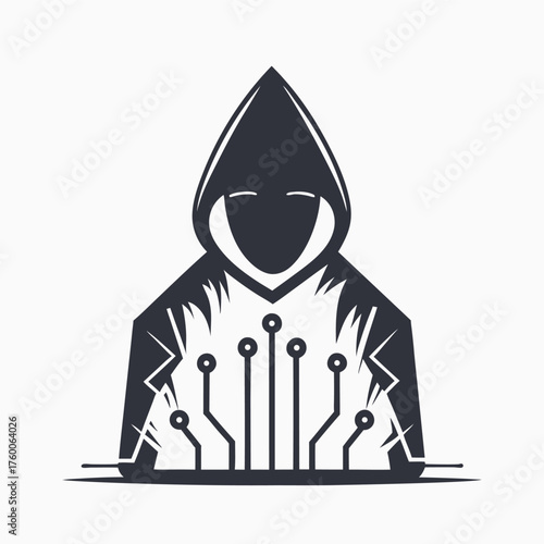 Masked person in hood hacks system using laptop icon, minimal silhouette