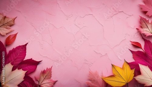 Abstract Grunge Pink Background Witn Autumn Leaves