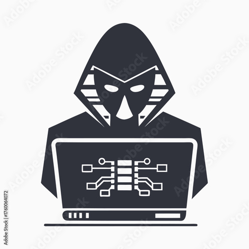 Silhouette of a hooded villainous hacker figure emerges from a dark computer screen