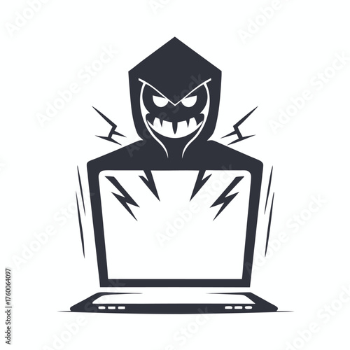 Isolated silhouette shows a faceless hooded figure working at a modern laptop against white