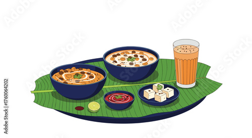 A colorful pixel art illustration of a traditional indian meal served on a banana leaf.