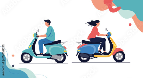 Two people riding vintage scooters on a white background with colorful abstract shapes.