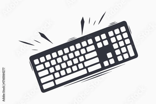 Simple monochrome flat keyboard appears to be exploding on the white background giving it emphasis