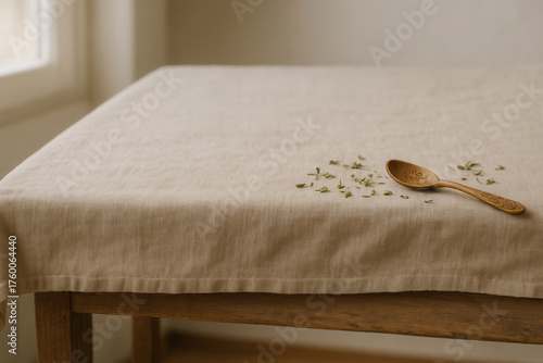 Wooden spoon and herbs on beige linen tablecloth with natural window light