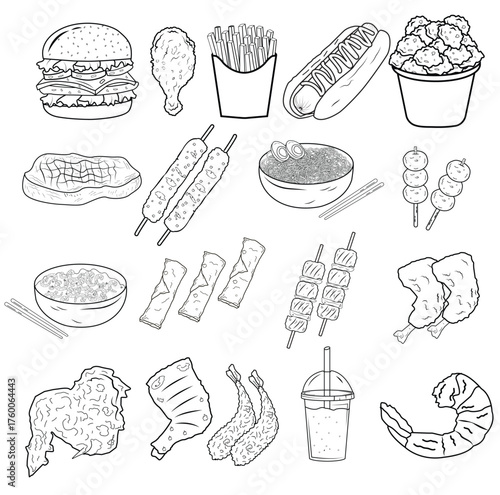 Hand Drawn Fast Food  Asian Cuisine Icons Black  White Line Art Collection
