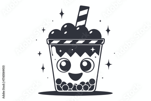 Isolated monochrome boba tea character smiles amidst bubbles and stars; a straw is on top