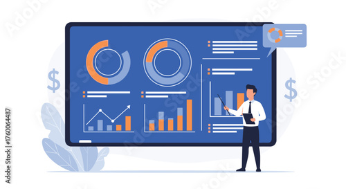 Professional business presentation showing financial growth and success, analyst explains data trends with charts and graphs for modern business strategy