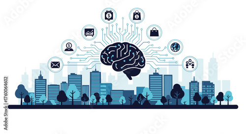 Modern business intelligence meets urban landscape, showcasing innovative AI solutions and data-driven insights for smart cities and future technology ventures