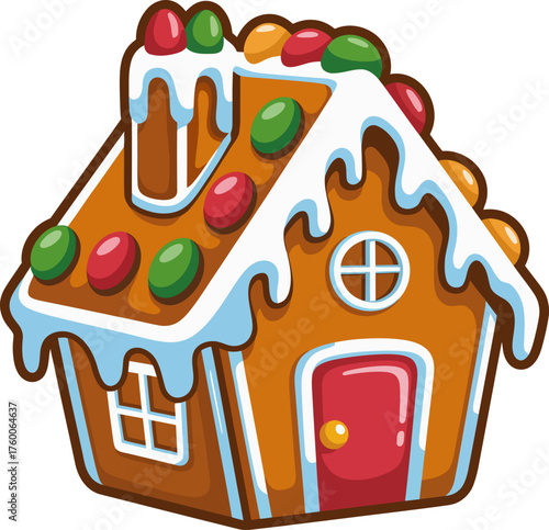 Adorable gingerbread house illustration with candy decorations and icing details