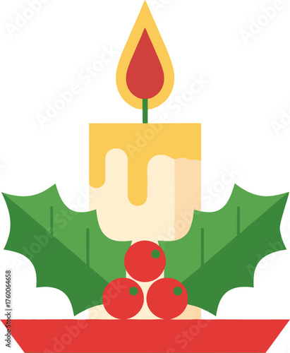 Festive Christmas Candle with Holly and Berries Holiday Season Decoration